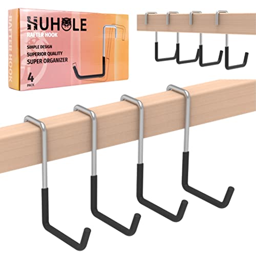 HUHOLE 4 Pack Rafter Hooks for Garage Storage Large S Hooks | No Drill Utility Hangers with 50 lb Capacity for Bikes, Ladders, Plants, Hoses, Wood Joists and Beams
