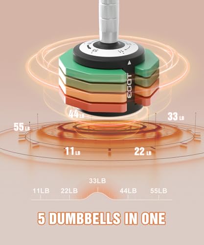 Adjustable Dumbbells Set/Single, 12.5LB/22.5LB/55LB 5 in 1 Free Adjustable Dumbbell Set with Anti-Slip Handle & Rainbow-colored Weight Plates for Home Gym, Weight Set for Women Men - style: 55LBS Single