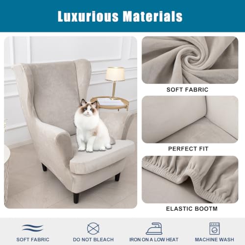 NILUOH Thick Velvet Wingback Chair Slipcovers 2-Piece, Stretch Wing Chair Covers Soft Sofa Slipcover Wing Back Armchair Cover Furniture Protector for Living Room - color: Oatmeal Color