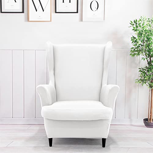 NILUOH Wingback Chair Cover 2-Piece Soft Stretch Wing Chair Slipcover Solid Color Armchair Sofa Couch Cover Furniture Protector with Elastic Bottom for Living Room Bedroom (White) - color: White