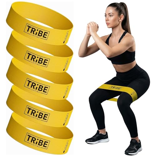 Tribe Lifting Fabric Resistance Bands for Working Out - 5 Exercise Bands Set for Legs and Glutes - Booty Bands for Women and Men - Thick Cloth Workout Bands for Physical Therapy, Hip Training - color: X-Light Yellow