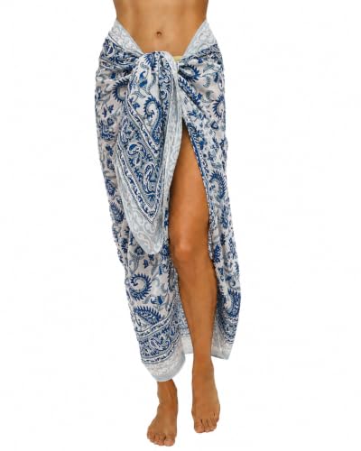 100% Cotton Hand Block Print Pareo Sarong Swimsuit Wrap Skirt Cover Up Long Women’s Apparel Fabric Beach Bikni (73" x 44") - color: Blue 3
