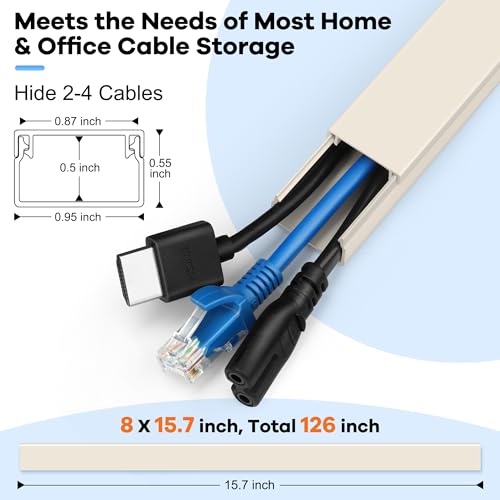 126in Cord Hider Kit, Wire Hiders for TV on Wall, Paintable Cable Management Kit, Wire Cover for Wall Mount TV, Hide Wires Along Wall, Beige Cord Cover Wall Wire Management, 8xL15.7in W0.95in H0.55in - color: Beige, size: W0.95in X H0.55in X L126in