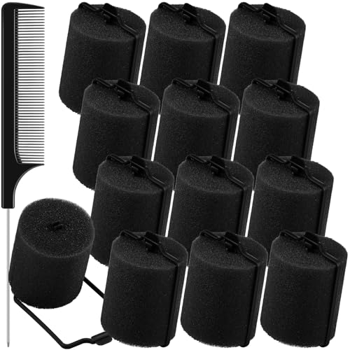 Syhood 12 Pcs Jumbo Foam Sponge Hair Rollers 1.89 Inch Soft Sleeping Curlers Flexible Large Foam Rollers and Rat Tail Comb for Hair Styling (Black) - color: Black