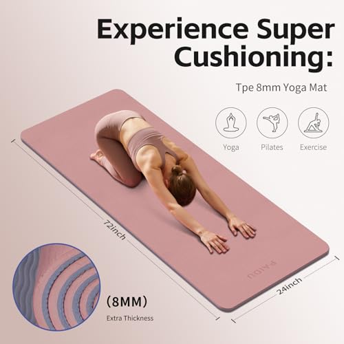 PAIDU Yoga Mat 8mm TPE Non‑Slip Fitness Mat with Strap for Home Workouts | SGS Certified, Odorless, Tear‑Resistant, Unisex, for Yoga, Pilates, Meditation, Home & Gym Workouts - color: Deep Pink&Grey