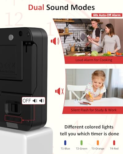 Digital Kitchen Timer with 4 Channel, Loud Alarm and Silent Mode | Magnetic Cooking Timer with Count Up & Countdown for Kids and Seniors, Large Display to Read, Auto Memory, Battery Included - color: Black
