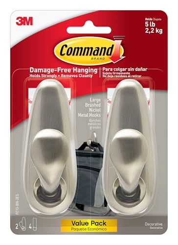 Command 5 lb Large Brushed Nickel Metal Hooks, 2 Coat Hooks and 4 Strips, Damage-Free Hanging with Adhesive, Great for Hanging Back to School Dorm Organizers - size: Large