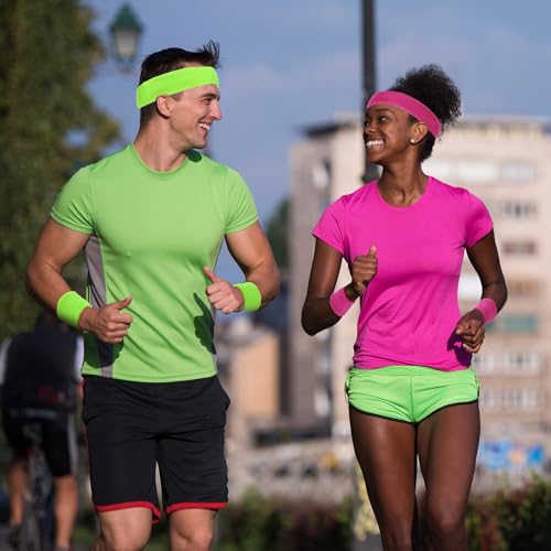 72 Pcs 80s Neon Headbands Sweatband Set, Include 24 Sports Headbands and 48 Sweat Wristbands Bulk for Woman Man - style: Stylish