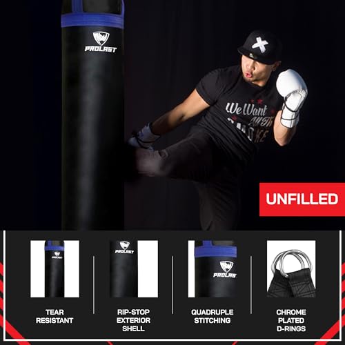 Heavy Punching Kicking Bag for Adults, Boxing, MMA, Martial Arts, Muay Thai, Strength Training Equipment, Filled, 5ft, 100 lbs, Colored Strap and Rhino Logo - color: Blue / Black, size: Unfilled