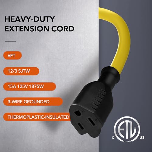 BN-LINK 6ft Outdoor Extension Cord, 12/3 SJTW Heavy Duty Power Cord, 3-Prong Grounded Plug, Weather Resistant, 15A, 1875W, Yellow, for Lawn, Garden, Appliances, ETL Listed - color: Yellow, size: 6FT
