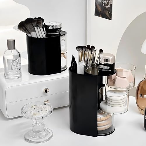 Azurphoric Hair Accessories Organizer with Hair Brush Holder, Rotatable Makeup Brush Holder for Necklaces, Earring, Bracelet, Ring, Makeup Brushes, Hair Clip and Hair Accessories (Black, 2-Layer) - color: Black, size: 2-Layer