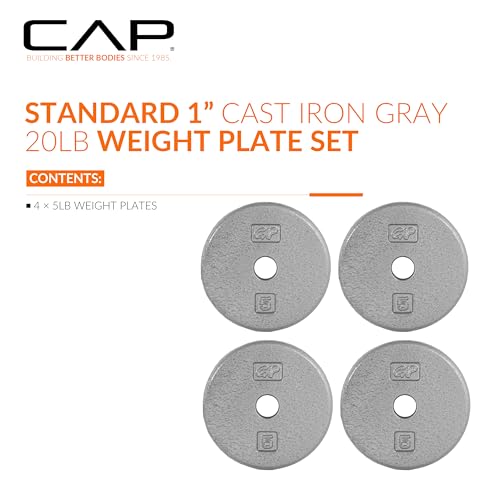 CAP Barbell Standard 1-Inch Cast Iron Weight Plates - Singles & Sets | 1.25-50 lbs | Multiple Options - color: Gray, size: 5 lb - Set of 4