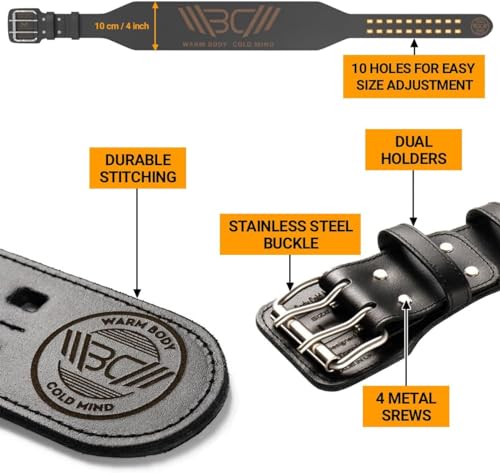 WARM BODY COLD MIND Leather Weight Lifting Belt 4" Adjustable Belt with Buckle for Workout, Squats, Gym, Powerlifting, Olympic Weightlifting, Strength Training. Waist/Back Support - size: X-Large