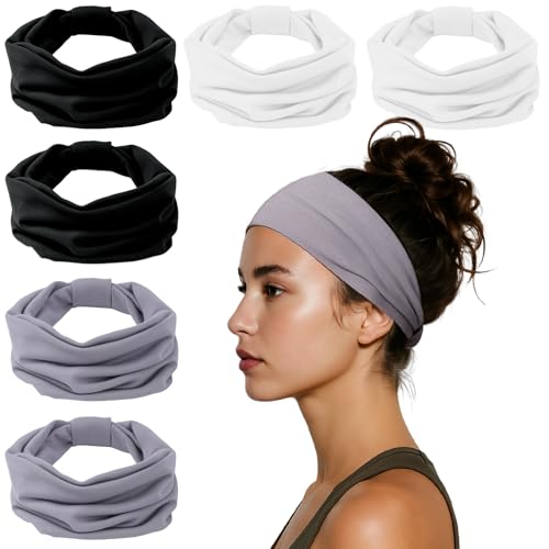 HSEM Headbands for Women, Wide Elastic Head Bands, Non-Slip Thick Hair Bands, Sports Stretchy Sweat Bands, Large Knotted Soft Headband for Washing Face, Makeup, Workout, Spa, Two Black/White/Gray - color: Two Black/White/Link Gray