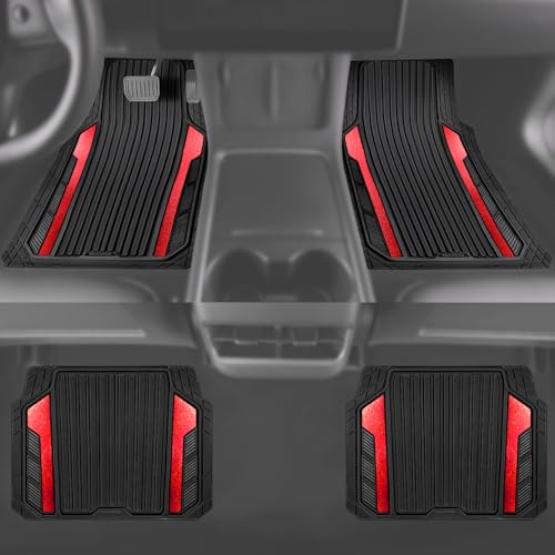 CAR PASS Heavy Duty Rubber Car Mats Metallic, Aluminum Film All Weather Floor Mats Waterproof Universal Trim to Fit Automotive SUV Sedan Van 4 Piece Anodized Deep Dish Two-Tone Sporty Black Red Chrome - color: BLack Red