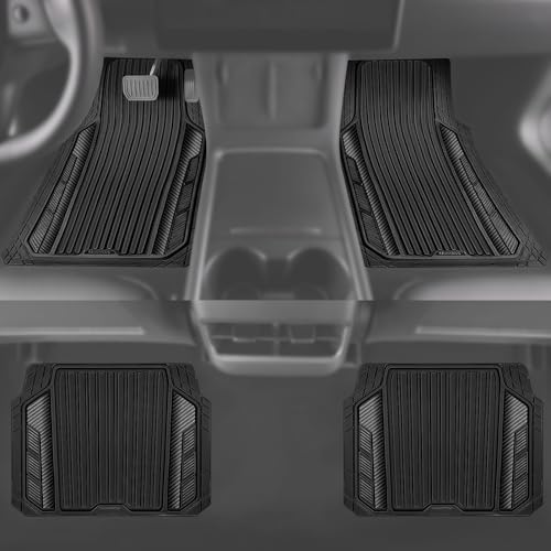 CAR PASS Heavy Duty Rubber Car Mats Metallic,Aluminum Film All Weather Floor Mats Waterproof Universal Trim to Fit SUVs Sedans Vans 4 Piece Anodized Deep Dish Two-Tone Sporty Carbon Fiber Black Chrome - color: Black Carbon Fiber