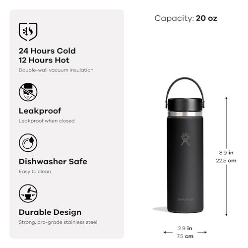 Hydro Flask Water Bottle - Insulated Stainless Steel - Wide Mouth Flex Lid, Non Spill, Leakproof and Refillable in 20 Oz Tonal Black - color: Tonal Black, style: 20 Oz