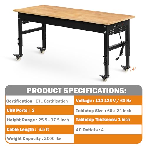 Betterhood 60" Adjustable Workbench on Wheels, Rubber Wood Heavy Duty Workstation with Power Outlets & Pegboard, 2000LBS Load Capacity Hardwood Worktable for Workshop, Garage, Office, Home, Commercial - size: Metal Wheels/Power Outlets/2Pegboard/60"x24"x3