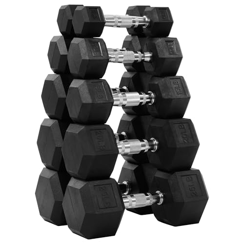 Fitvids Rubber Encased Hex Dumbbell Set Contoured Handle for Muscle Toning, Strength Building & Full Body Workout, 60LB, 100LB, 150LB and 550LB Set - style: 150LB Set (5-25LB Pairs)
