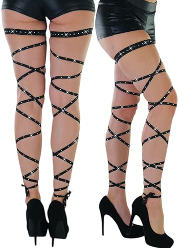 ToBeInStyle Women's Leg Wraps Ravewear Dancewear Elastic Straps Party Garter Music Festivals Costume Accessory Thigh High - color: Footless Criss Cross Tie W/ Abundant Rhinestones - Black, size: One Size