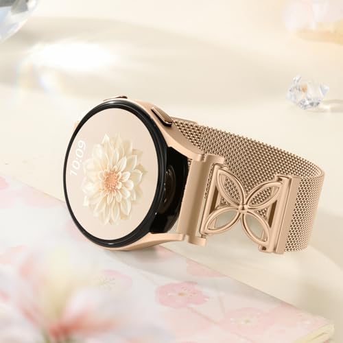 Getino Floral Metal Band Compatible with Galaxy Watch 7 Band 6 5 4 FE Active 2 40mm 44mm/Galaxy Watch 5 pro 45mm, 20mm Magnetic Strap for Samsung Watch Bands Women Stainless Steel Milanese Loop - color: Rose Gold