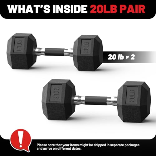 PAPABABE Hex Dumbbell Set 2.5-100lb, Rubber Grip Dumbbells, Home Gym | Complete & Durable Cast Iron Core Odorless Antiroll Hex Shape Ergonomic Versatile Home Gym Comfort Non-Slip Grip - size: 20 lb, Pair, style: Rubber Grip