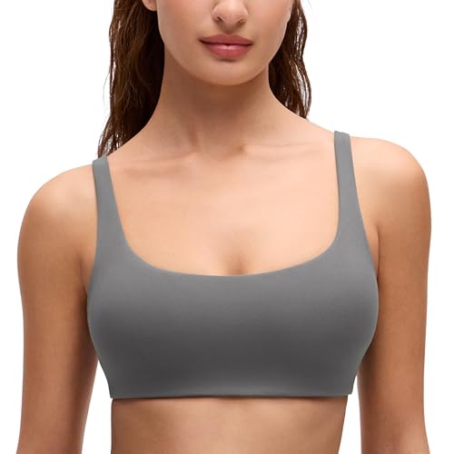 CRZ YOGA Butterluxe Square Neck Sports Bras | Light Support, Removable Pads, Yoga, Extremely Soft, Low Coverage, Adjustable Spaghetti Straps, for Women - color: Ash Grey, size: Large