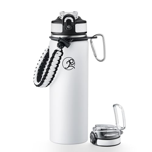 GOSWAG 24oz Insulated Stainless Steel Travel Water Bottle, 2 Lids | with straw and no straw, Paracord handle, Double-wall vacuum keeps drinks cold or hot, Leakproof tumbler - color: Matte White
