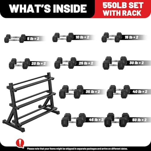 PAPABABE Dumbbell Set with Rack Dumbbells Rubber Encased Home Gym | PAPABABE Complete & Durable Cast Iron Core Odorless PVC Antiroll Hex Shape Ergonomic Chrome Handle Versatile Home Gym - size: 550LB with 3-Tier Weight Rack