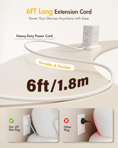Power Strip Tower with Surge Protector 1800J, Fast Charging Tower PD20W USB-C Ports with 8 AC Outlets, Extension Cord for Home Office Dorm Room, White, 6FT - color: White, size: 6FT