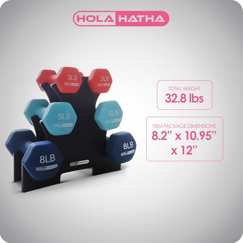 HolaHatha 1, 2 and 3 lb Neoprene Dumbbell Strength Training Weight Set with Rack - color: Blue/Red, size: 32 LB