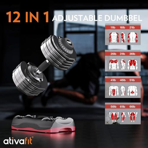 ATIVAFIT Adjustable Dumbbells Set, 5–88LB Quick Adjust Free Weights with Double Safety Lock & Anti-Slip Steel Handle, Space Saving Home Gym Equipment for Full Body Strength Training - color: 66LBS-Red, size: Single