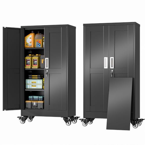 GAIOUS Metal Garage Storage Cabinet with Lock and Wheels, 45.7" Tall Metal Storage Cabinets with Locked Door and 3 Adjustable Shelves, Rolling Tool Cabinet, Utility File Cabinet for Home Office, Black - color: Black, size: 11.81"D x 23.62"W x 45.67"H