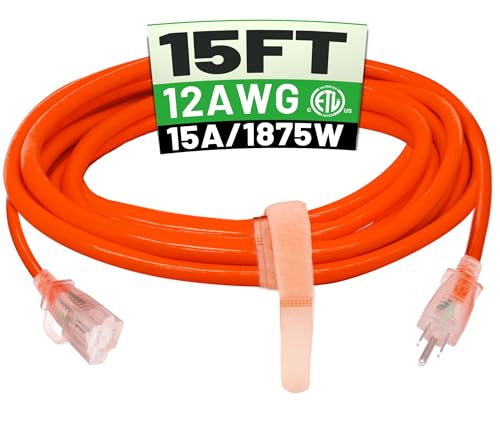 POWGRN 15 ft 12/3 Outdoor Extension Cord Waterproof Heavy Duty with Lighted Indicator End 12 Gauge 3 Prong, Flexible Cold-Resistant Long Power Cord Outside, 15Amp 1875W SJTW Orange ETL Listed - color: Orange, size: 15 FT