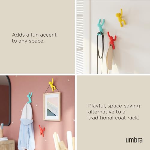 Umbra Buddy Wall Hooks – Decorative Wall Mounted Coat Hooks for Hanging Coats, Scarves, Bags, Purses, Backpacks, Towels and More, Set of 3, Red/Blue/Yellow - color: Red/Blue/Yellow