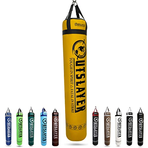 Outslayer Muay Thai Kickboxing Heavy Punching Bag – 6ft 130 lb – Made in USA – for MMA, Boxing & Training - color: Yellow/Black, size: With Bottom D-Ring