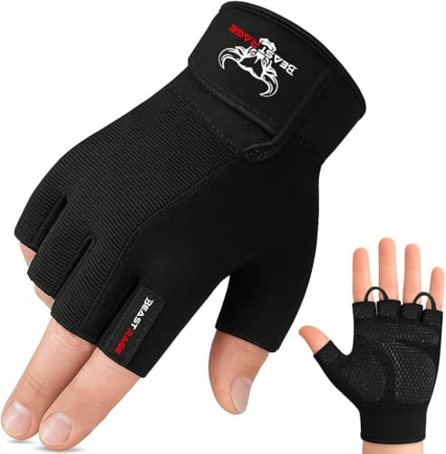 BEAST RAGE Workout Gloves for Men, Durable Palm Grip Gym Gloves Women Half Finger Elasticated Training Weight Lifting Strength Bodybuilding Anti Slip Cycling Gloves Exercise - color: Jet Black, size: X-Large
