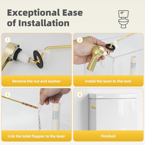 Universal Metal Shiny Gold Toilet Handle Lever Replacement Kits, Side Mount | Solid Brass Toilet Flush Handle Compatible with Kohler/American Standard/ TOTO/Gerber, Stainless Steel Chain, Easy to Install - color: Polished Gold, style: Side Mount Design