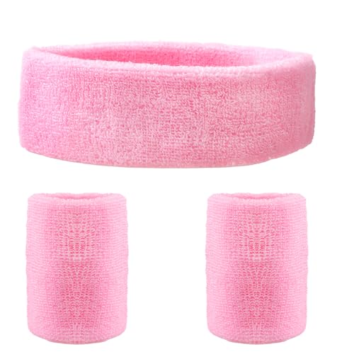 BLMHTWO 3 Pieces of Sweat Band Set, Headbands for Men Kids Sweatbands Including 1 Headband and 2 Wristbands Black Cotton Super Soft and Comfy Sweatband for Tennis Working Out Boxing Gym - color: pink