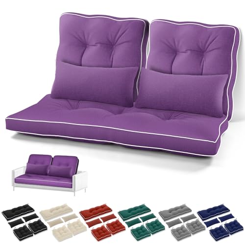 Chunful Set of 5 Outdoor Bench Cushions Set 44 x 19 Inch Tufted Waterproof Patio Furniture Seat Pad with Throw Pillows Loveseat Cushion for Square Settee Indoor Sofa Wicker Couch (Purple) - color: Purple