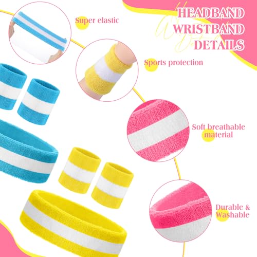 72 Pcs 80s Neon Headbands Sweatband Set, Include 24 Sports Headbands and 48 Sweat Wristbands Bulk for Woman Man - style: Vivid