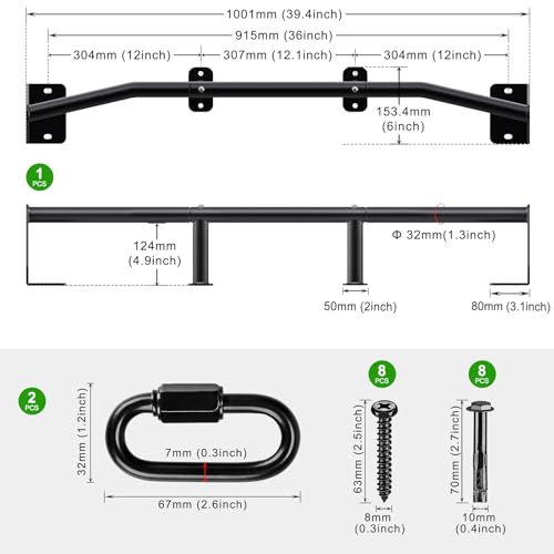 SELEWARE Heavy Duty Wall Mount Pull Up Bar, Joist Mount Chin Up Bar for Doorway, Sturdy Steel Construction, w/Resistance Band Hooks, Fits 32"/36" Wall Studs for Home Gym Strength Training - size: B: 36" x 1.3" Dia Grip