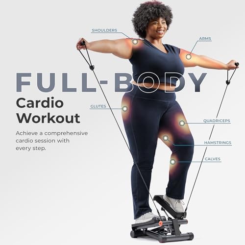 Sunny Health & Fitness Mini Steppers for Exercise at Home, Stair Step Workout Machine with Resistance Bands, Full Body Cardio Equipment, Optional Free SunnyFit App Connection Smart Stepper - color: Black
