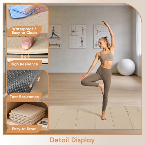 PAIDU Foldable Yoga Mat, 70"x24"x0.31" TPE Non-Slip Mat with Bag | Double‑sided non‑slip, 8mm thick TPE, foldable for travel, ideal for yoga/pilates/fitness/home/outdoor workouts - color: Beige+Black