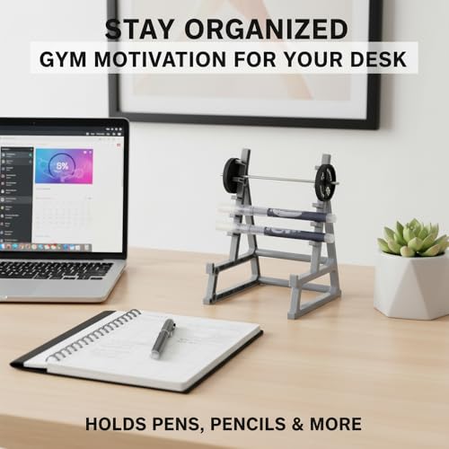 2 Pack Desktop Mini Squat Rack Pen Holder, Gray Metal Gym Equipment Design, Barbell Weight Plate Display Stand, Office Desk Organizer for Fitness Enthusiasts