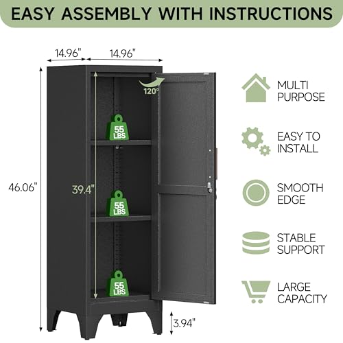 Metal Lockers for Employees,46"Tall Small Locker,1doors Tall Steel Vertical Storage Locker with Shelves,Lockable Steel Cabinet fo Toys,Sports Equipment,File,Snacks,Books-Assembly Required(Black) - color: Black