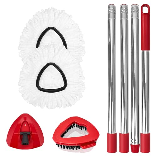 Spin Mop Replacement Set for O-Ceda EasyWring 1-Tank System, Includes 2 Mop Head Replacement, 1 Spin Base, 1 Scrubber Head, 1 Mop Handle (30-58in Adjustable 4-Section Pole) - size: 2 Heads+1 Handle+1 Base+1 Brush(1-TANK)