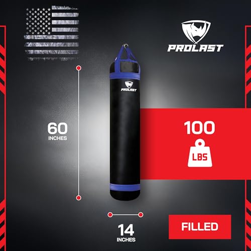 Heavy Punching Kicking Bag for Adults, Boxing, MMA, Martial Arts, Muay Thai, Strength Training Equipment, Filled, 5ft, 100 lbs, Colored Strap and Rhino Logo - color: Blue / Black, size: Filled