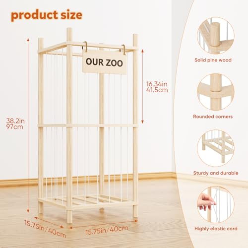 Dayacoco Stuffed Animal Storage, 2 Layer Wood Stuffed Animal Organizer Zoo, Toy Stuffy Storage Bin with Elastic Band and Net for Nursery Play Room Bedroom (Pine Wood) - size: 2 Tiers Without Wheels