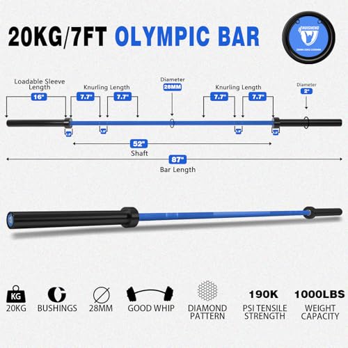 7ft Olympic Barbell for Strength Training, Olympic Weightlifting | 500 700 1000LBS Capacity, 2 Inch 45lb Weight Bar for Squat, Home Gym Fitness Equipment, Bench Press, Deadlift, Powerlifting - color: Blue-1000LBS